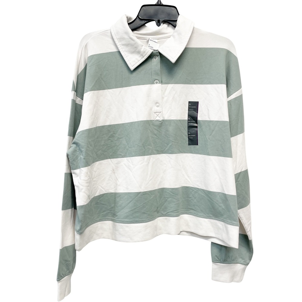 All in Motion Women's Modal French Terry Green Striped Polo Sweatshirt Size XL - Picture 2 of 6